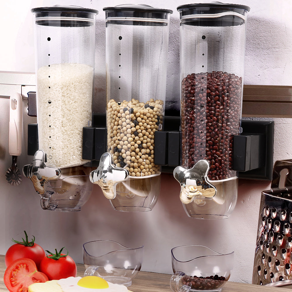 Wall Mounted Triple Cereal Dispenser Dry Food Storage Container Dispense Machine