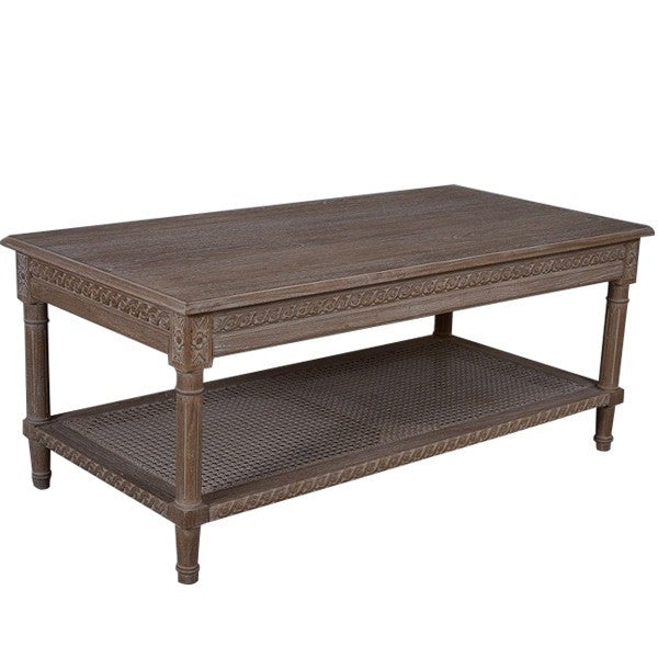 Polo Rectangular Coffee Table Oak Wash with rattan shelf