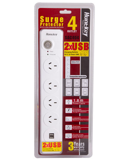 4 Outlet Surge Protected Powerboard with Dual Usb Charging Ports