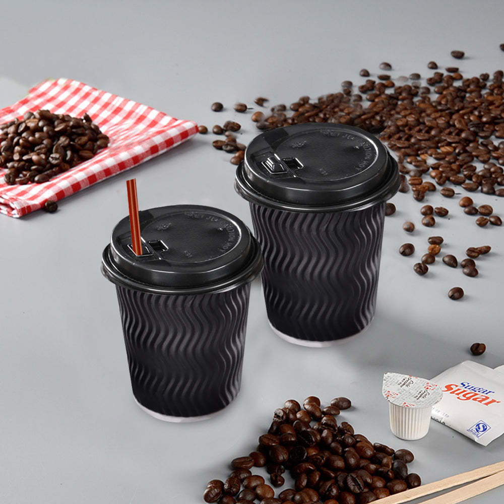 200x Black Disposable Coffee Cups 12oz Multi Sets