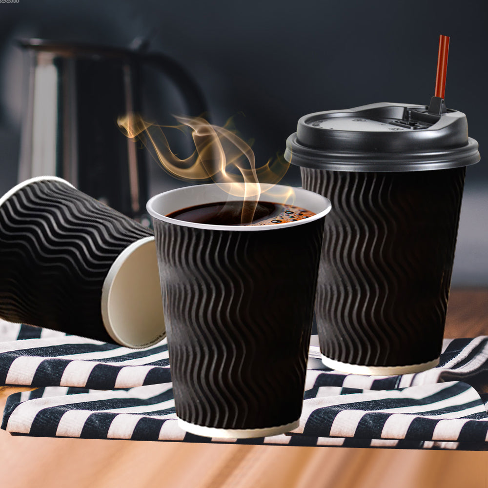 200x Black Disposable Coffee Cups 12oz Multi Sets