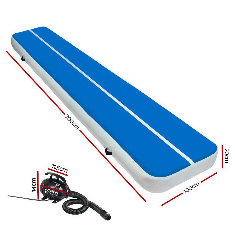 Everfit 7X1M Inflatable Air Track Mat 20CM Thick with Pump Tumbling Gymnastics Blue