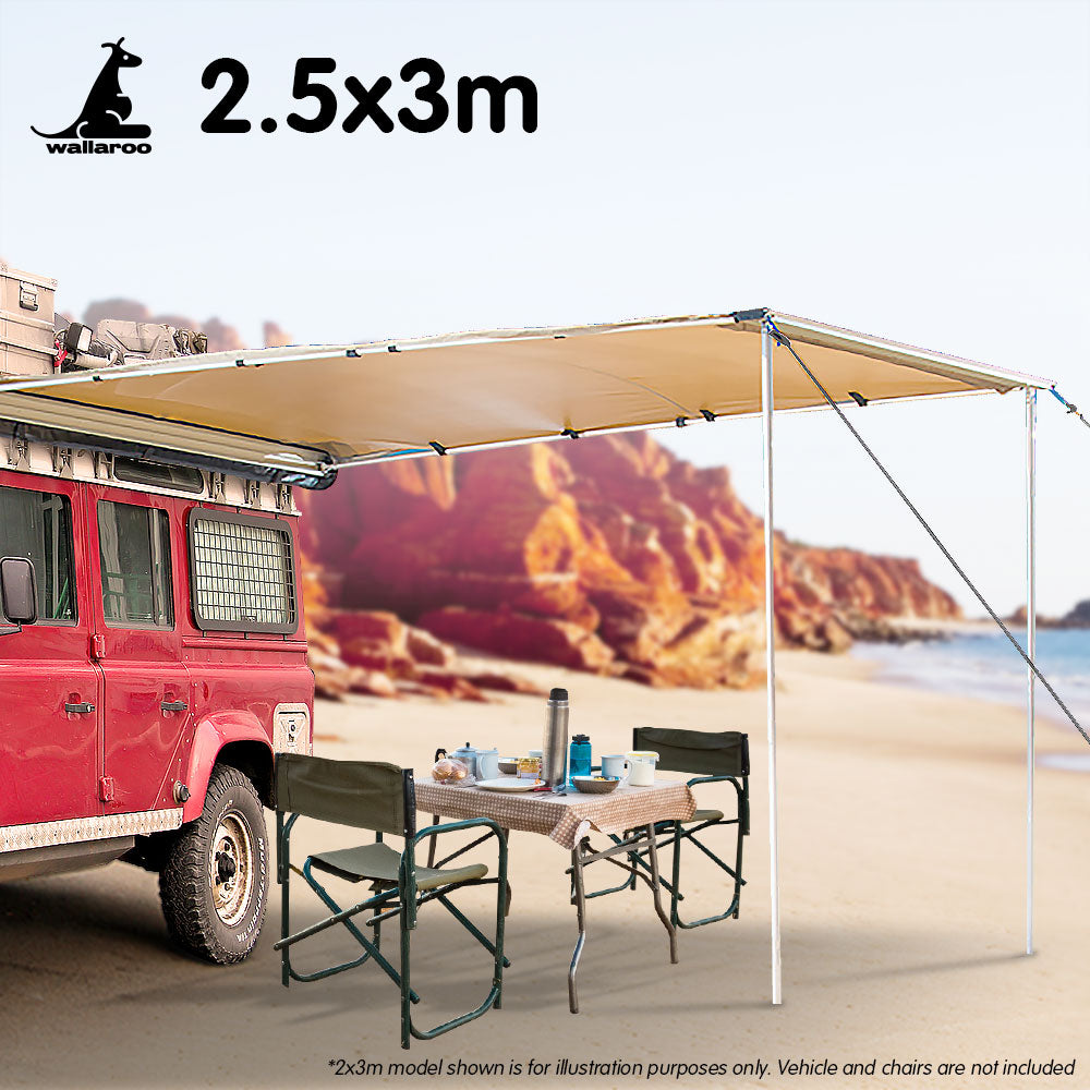 Wallaroo 3m x 2.5m Car Side Awning Roof Top Tent - Sand