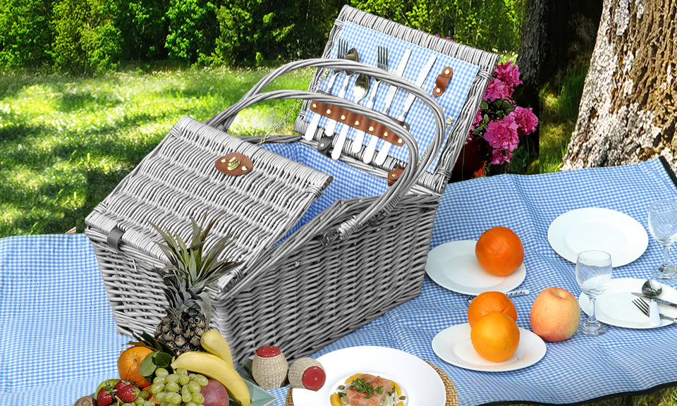 Wicker 4 Person Folding Handle Picnic Basket With Blanket Grey