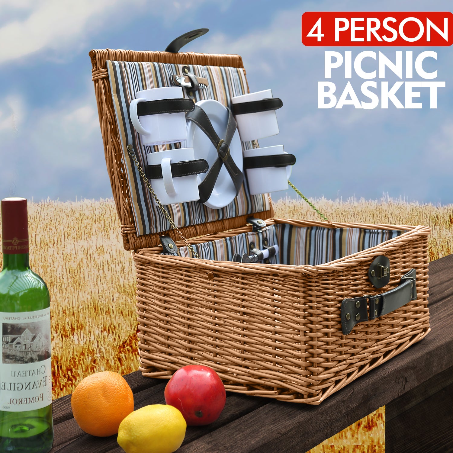 Wicker 4 Person Picnic Basket With Folding Handle Brown