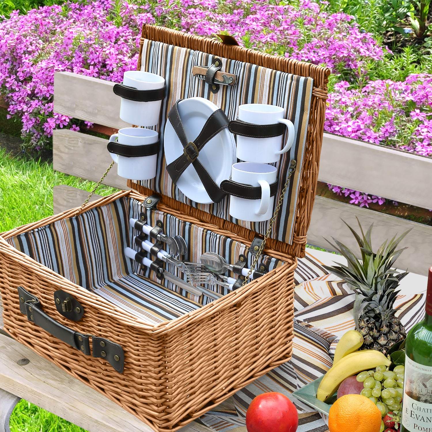 Wicker 4 Person Picnic Basket With Folding Handle Brown