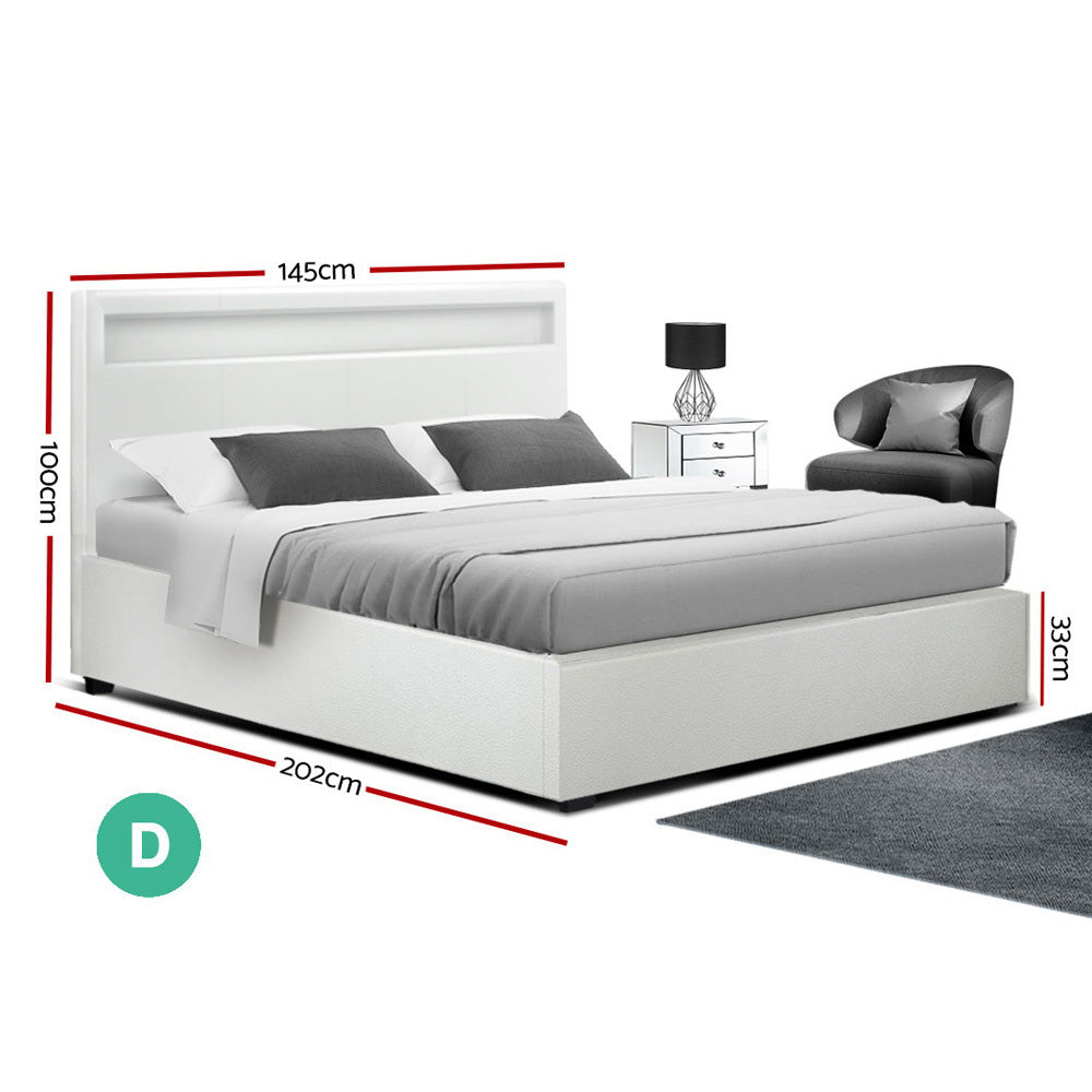 Artiss LED Bed Frame Double Full Size Gas Lift Base With Storage White Leather