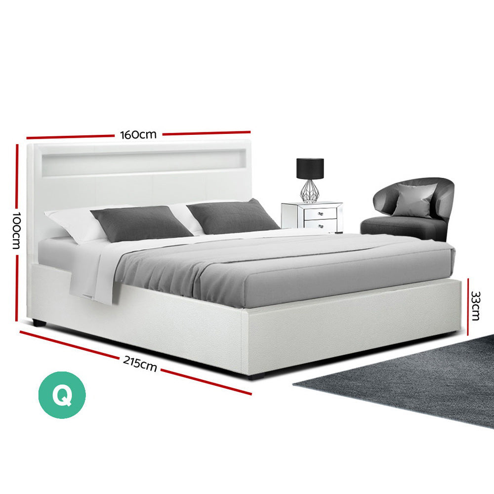 Artiss LED Bed Frame Queen Size Gas Lift Base With Storage White Leather