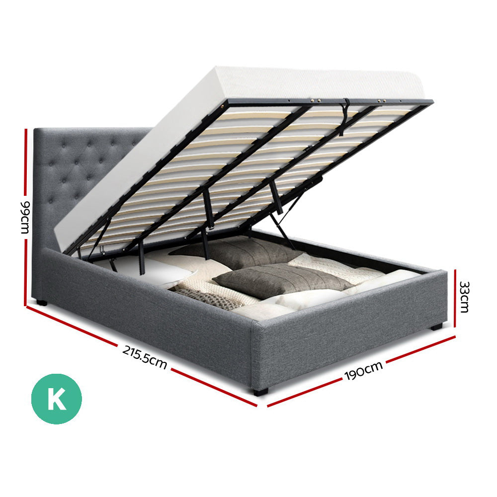 Artiss King Size Gas Lift Bed Frame Base With Storage Mattress Grey Fabric VILA