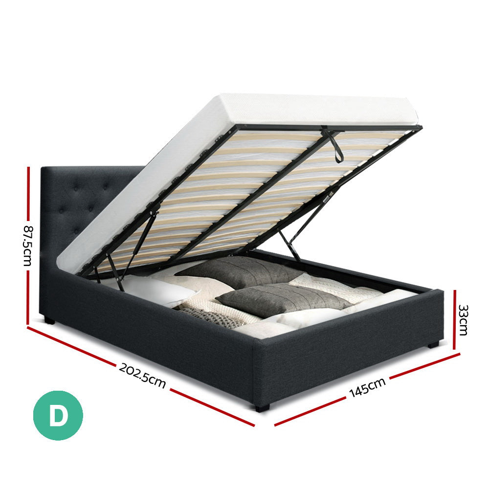 Artiss WARE Double Full Size Gas Lift Bed Frame Base With Storage Mattress Charcoal Fabric