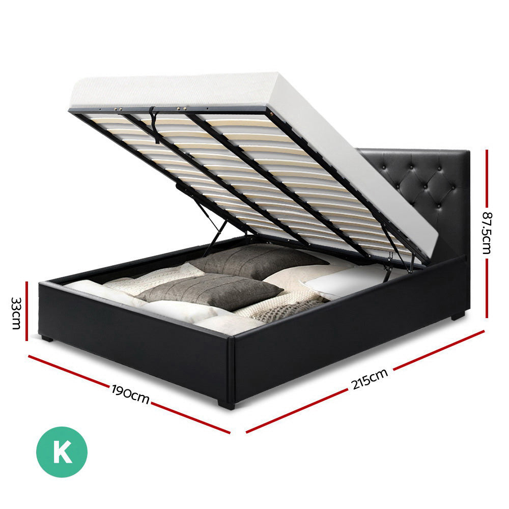 Artiss King Size Gas Lift Bed Frame Base Mattress Platform Leather Wooden Black WARE