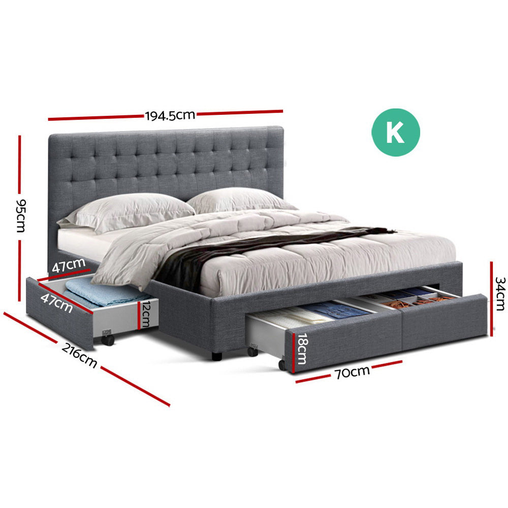 KING Bed Frame with 4 Storage Drawers AVIO Fabric Headboard Wooden