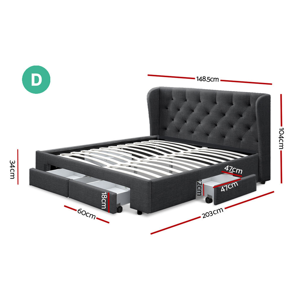 Artiss Double Full Size Bed Frame Base Mattress With Storage Drawer Charcoal Fabric MILA