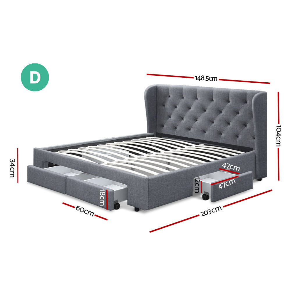 Artiss Double Full Size Bed Frame Base Mattress With Storage Drawer Grey Fabric MILA