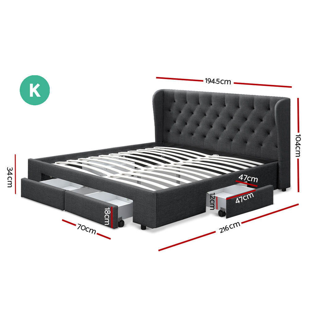 Artiss King Size Bed Frame Base Mattress With Storage Drawer Charcoal Fabric MILA
