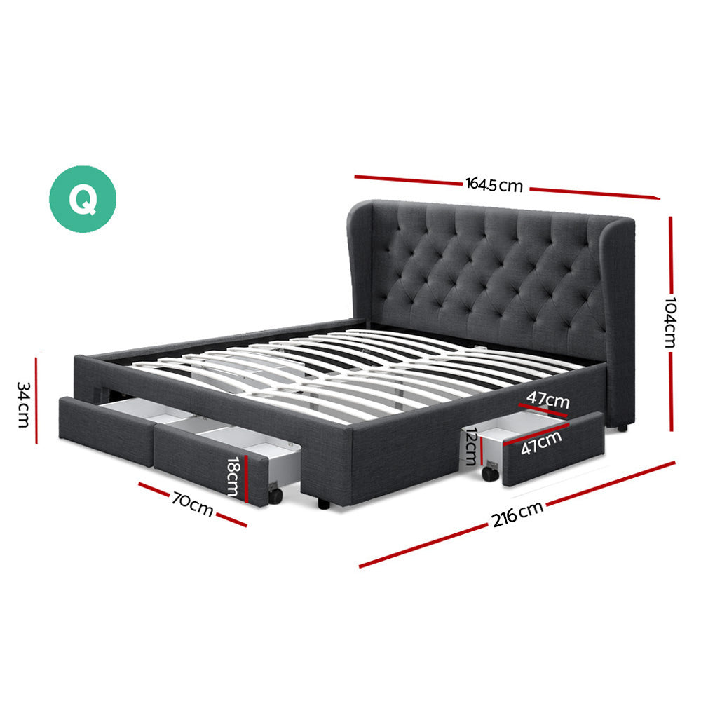 Artiss Queen Size Bed Frame Base Mattress With Storage Drawer Charcoal Fabric MILA