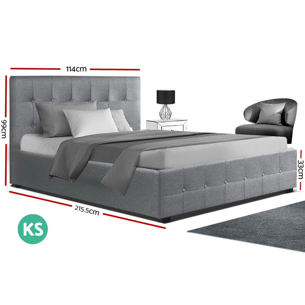 Artiss ROCA King Single Size Gas Lift Bed Frame Base With Storage Mattress Grey Fabric