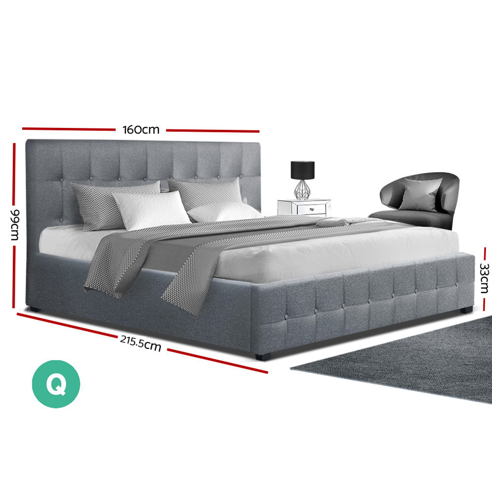 Artiss ROCA Queen Size Gas Lift Bed Frame Base With Storage Mattress Grey Fabric