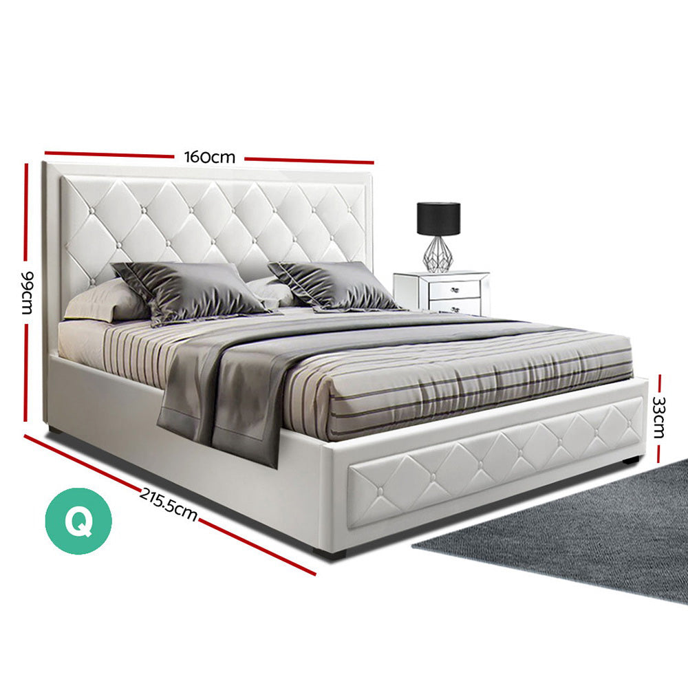 Artiss TIYO Queen Size Gas Lift Bed Frame Base With Storage Mattress White Leather