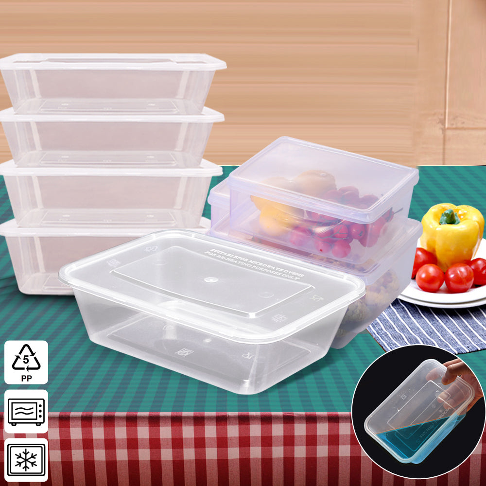 50 Packs Food Containers Plastic Base + Lids Bulk 650ml