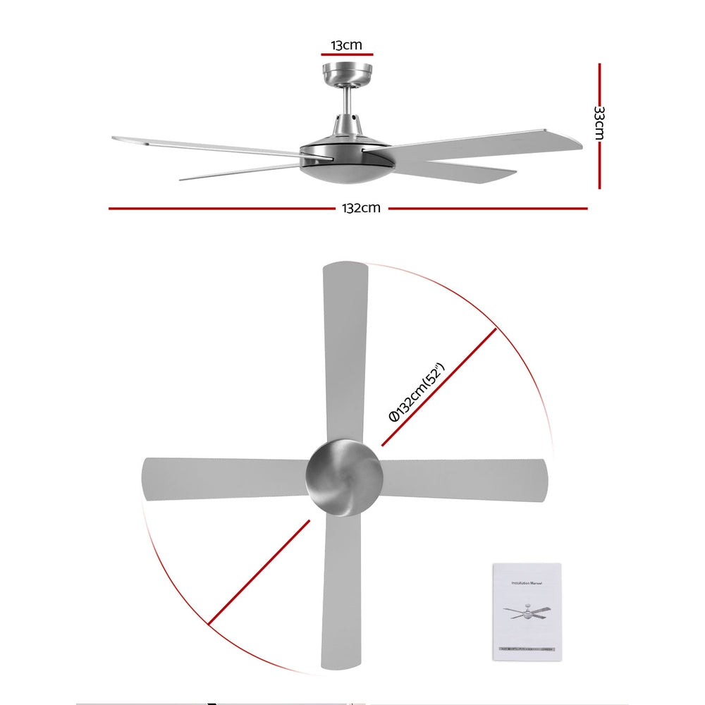 Devanti 52 inch 1300mm Ceiling Fan Brushed Aluminum Finish 4 Blades Wall Controller