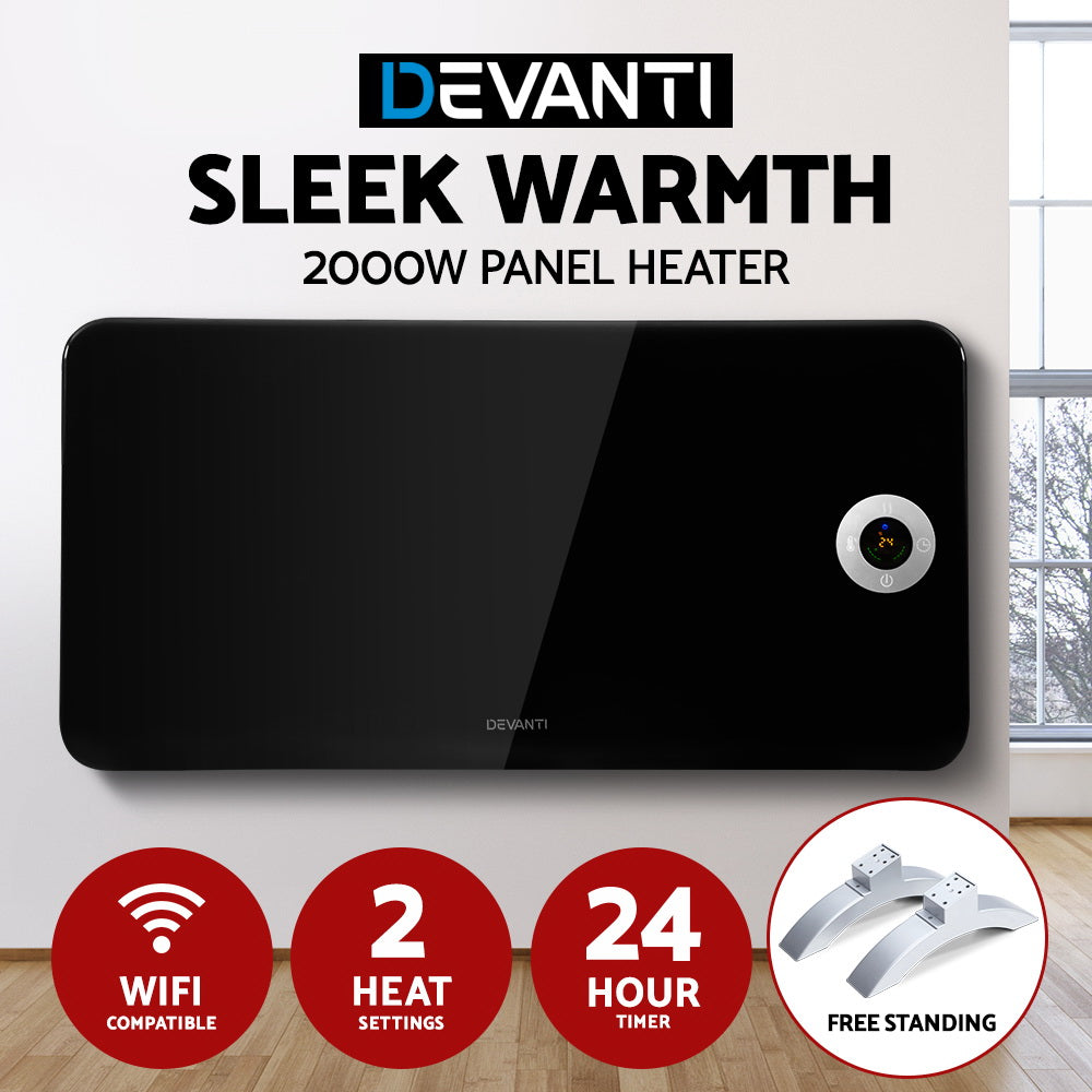 Devanti Electric Convection Metal Panel Heater Heat Portable Wall Mount WiFi Control Black
