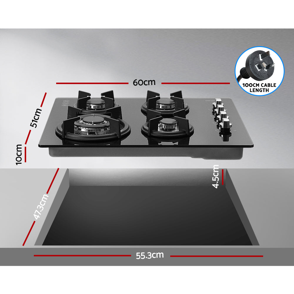 Devanti Gas Cooktop 60cm 4 Burner Glass Cook Top Cooker Stove Hob NG LPG Black