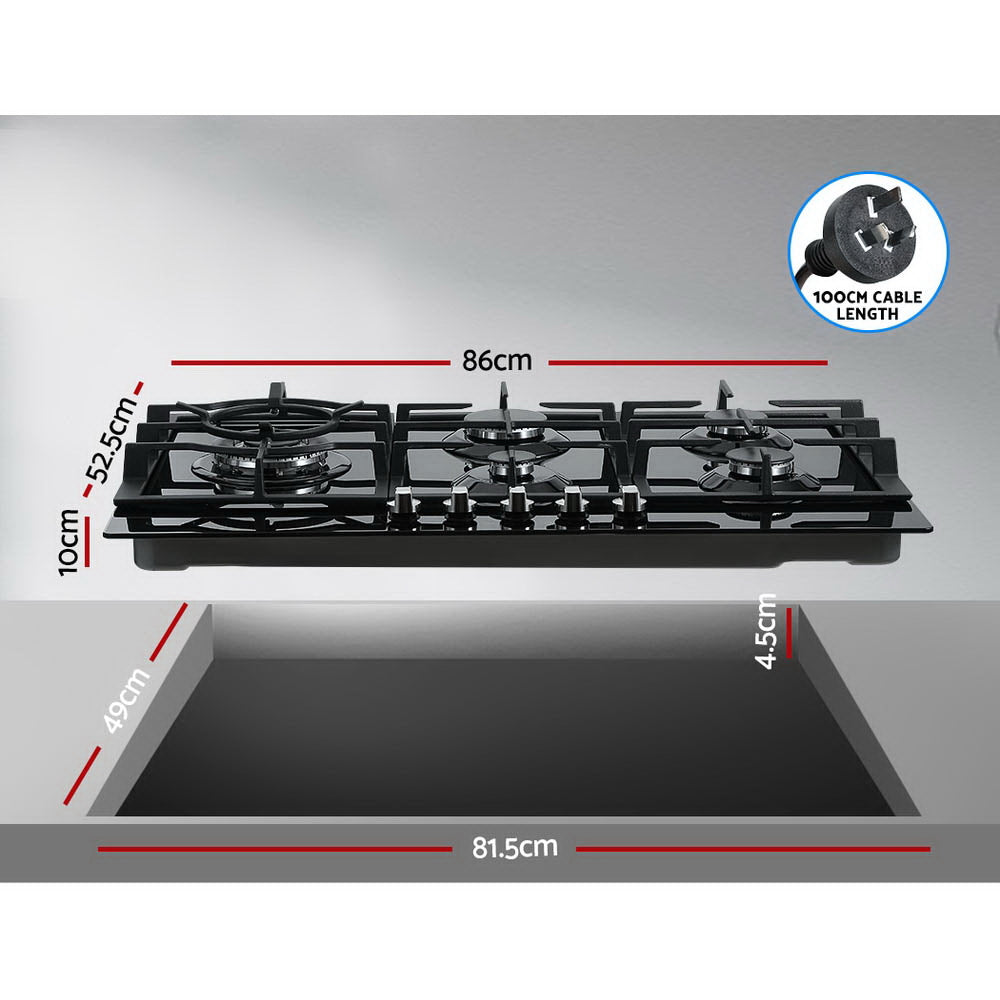 Devanti Gas Cooktop 90cm 5 Burner Stove Hob Cooker Kitchen NG LPG Black Glass