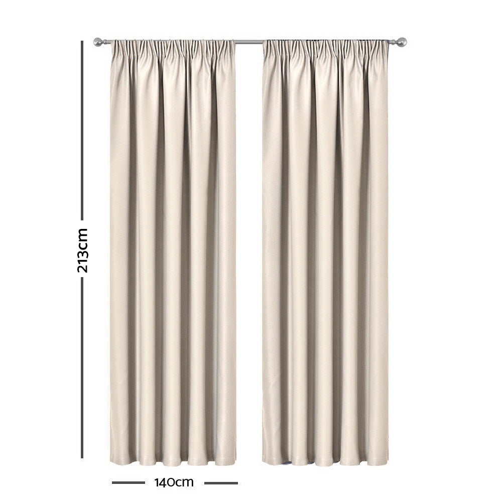 Artqueen 2X Pinch Pleat Pleated Blockout Curtains Sand 140cmx213cm