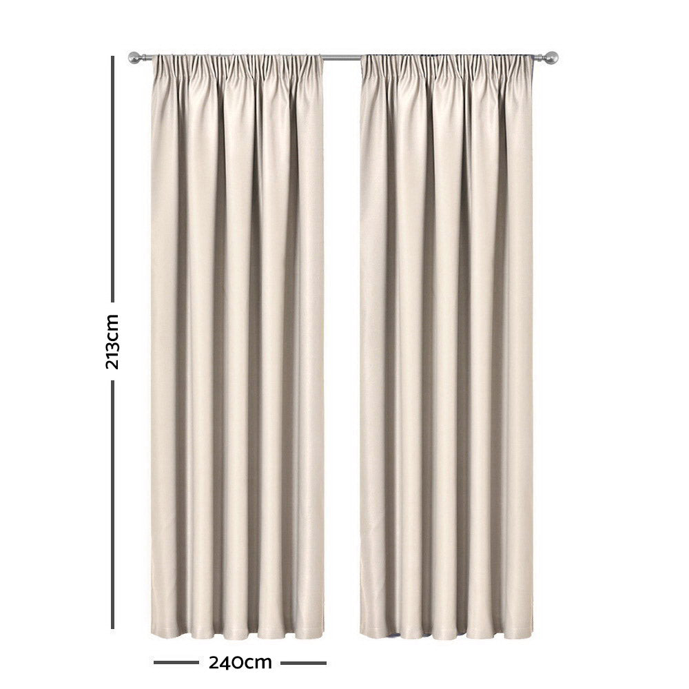 Artqueen 2X Pinch Pleat Pleated Blockout Curtains Sand 240cmx213cm