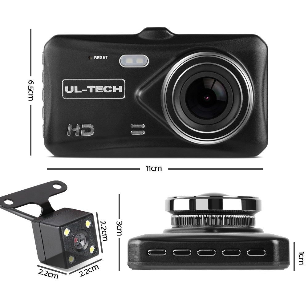 UL Tech 4 Inch Dual Camera Dash Camera - Black