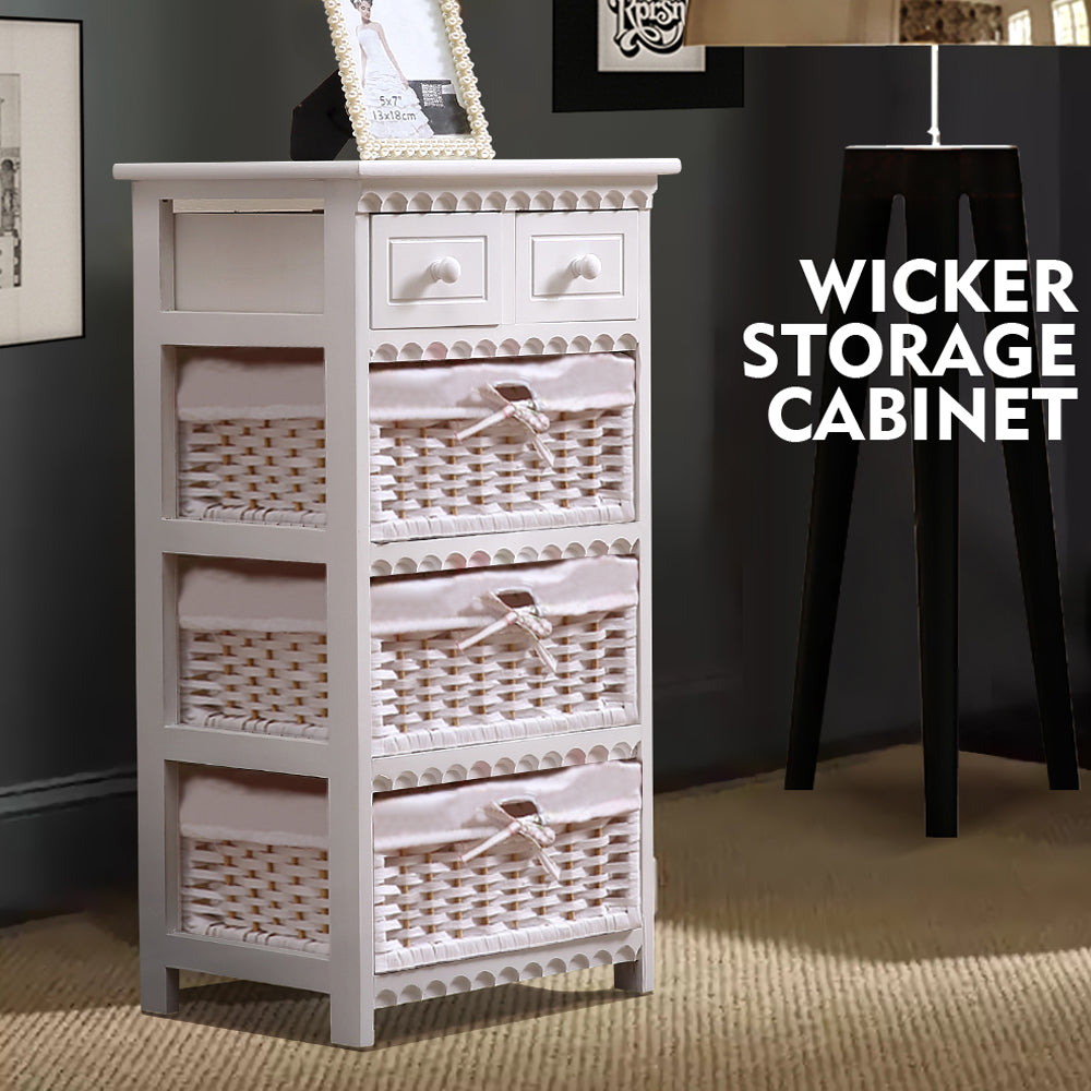 Bedroom Storage Dresser Chest 5 Drawers 3 Wicker Basket Cabinet
