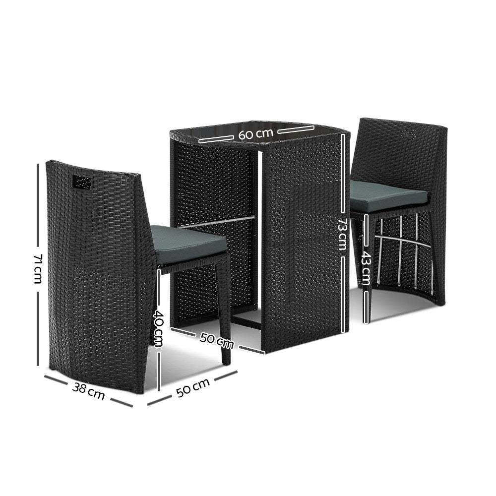 Gardeon 3 Piece PE Wicker Outdoor Table and Chair Set - Black