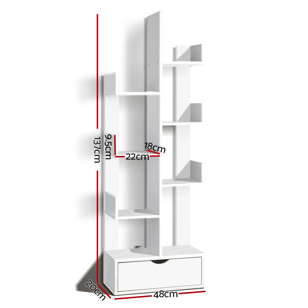 Artiss Wooden Tree Storage Display Shelf Bookcase CD Rack Shelving Unit Drawer White