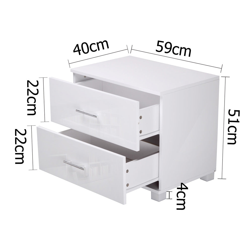 Artiss High Gloss Two Drawers Bedside Table - White