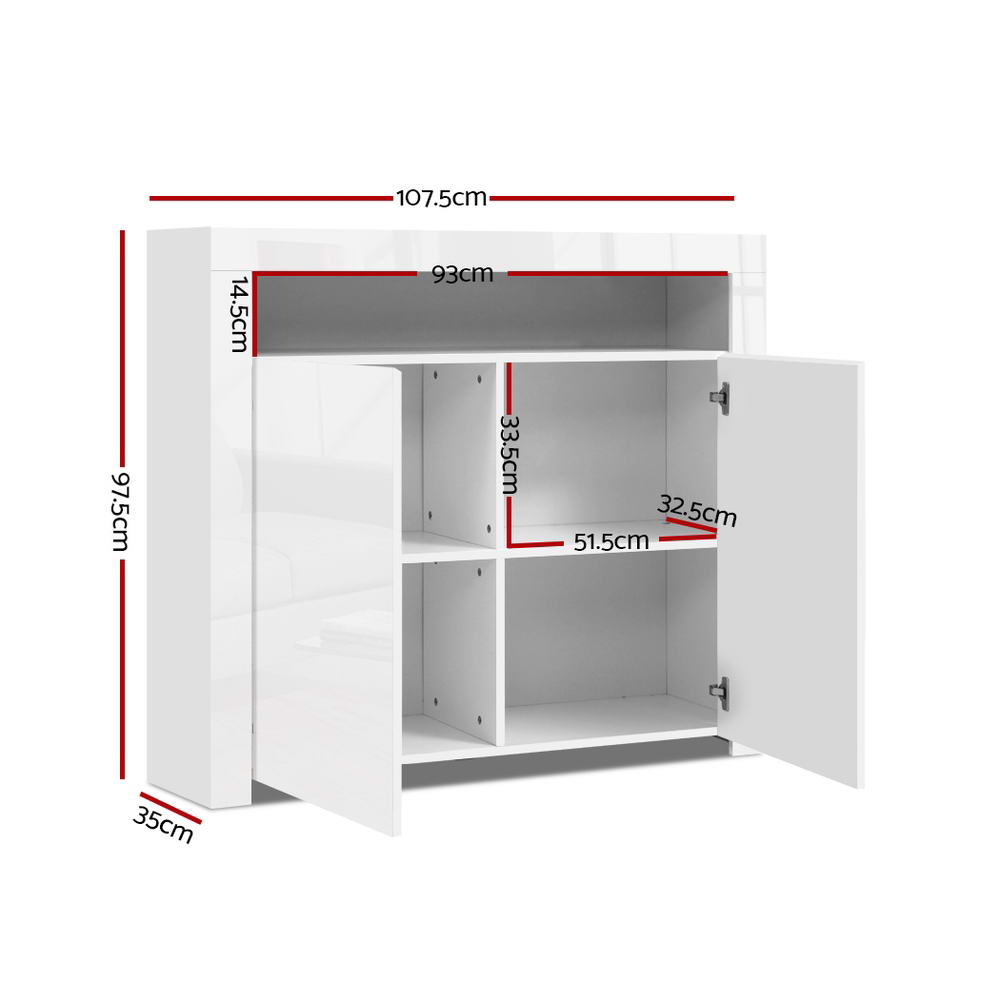 Artiss Buffet Sideboard Cabinet LED High Gloss Storage Cupboard 2 Doors White