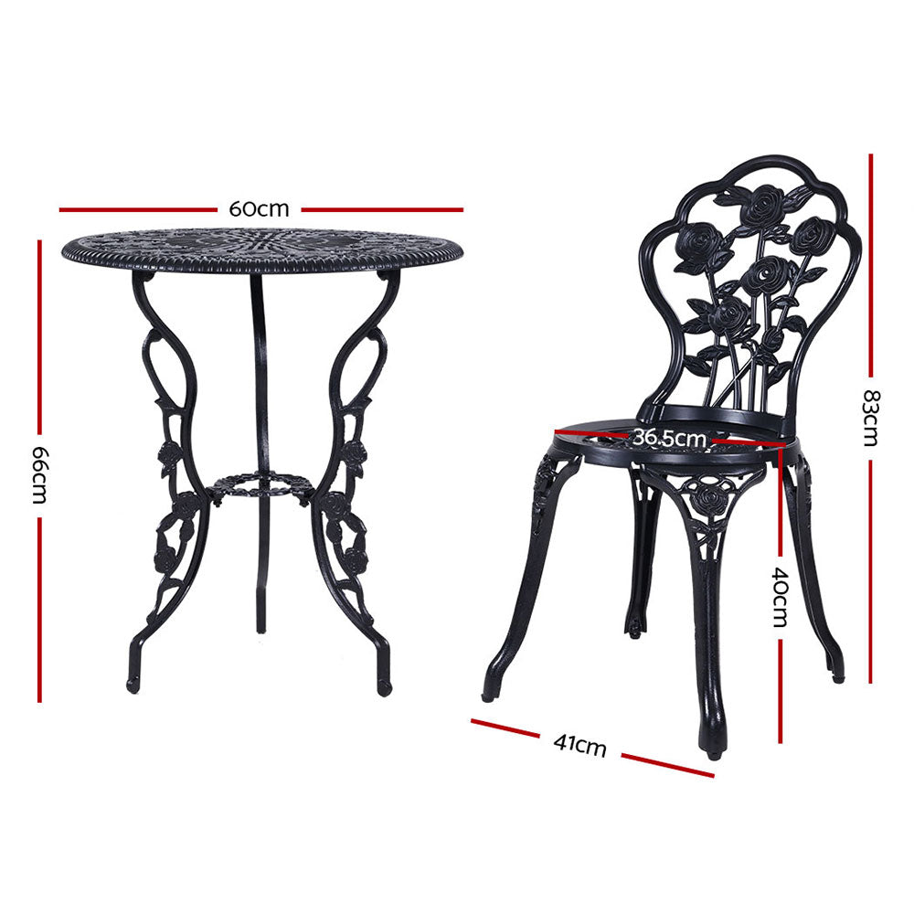 Gardeon 3PC Outdoor Setting Cast Aluminium Bistro Table Chair Patio Black