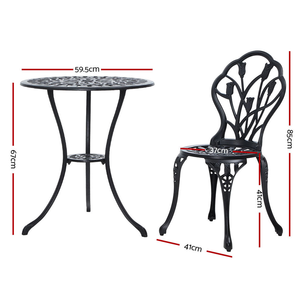 Gardeon 3PC Outdoor Setting Cast Aluminium Bistro Table Chair Patio Black