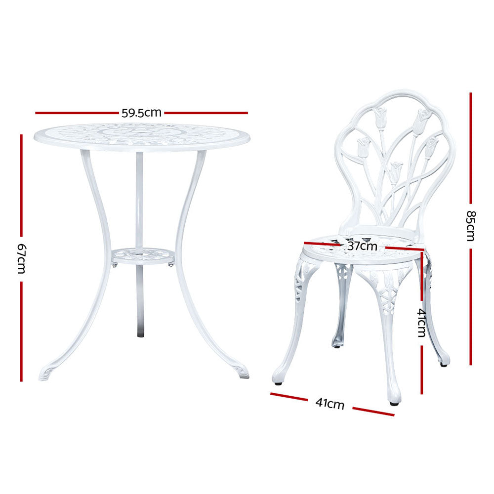 Gardeon 3PC Outdoor Setting Cast Aluminium Bistro Table Chair Patio White