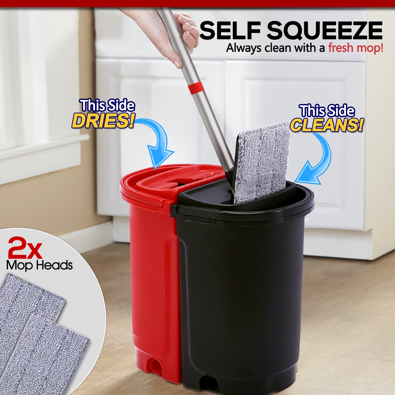 Self Squeeze Mop & Bucket Set With Extra Mop Head Bonus