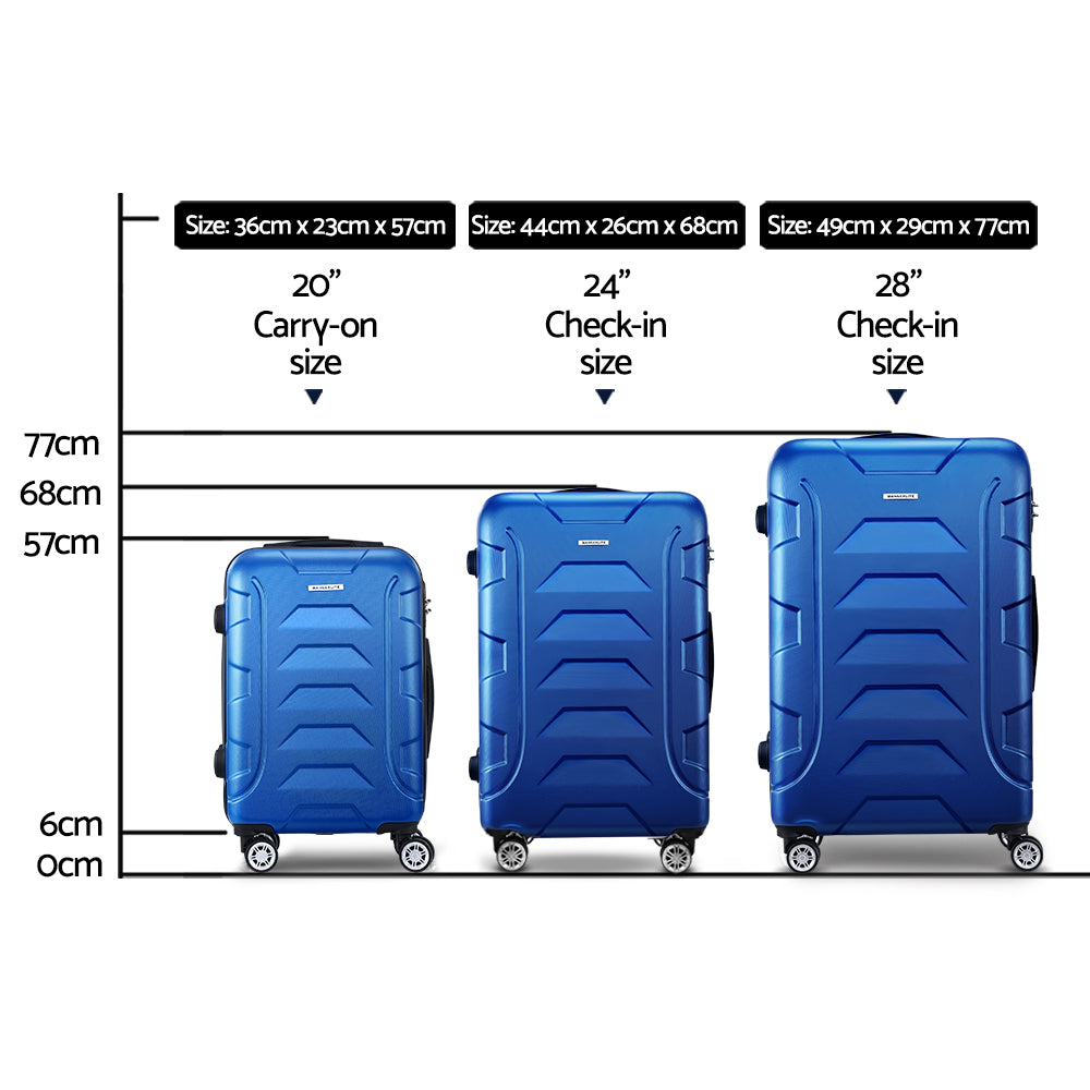 Wanderlite 3PCS Carry On Luggage Sets Suitcase TSA Travel Hard Case Lightweight Blue