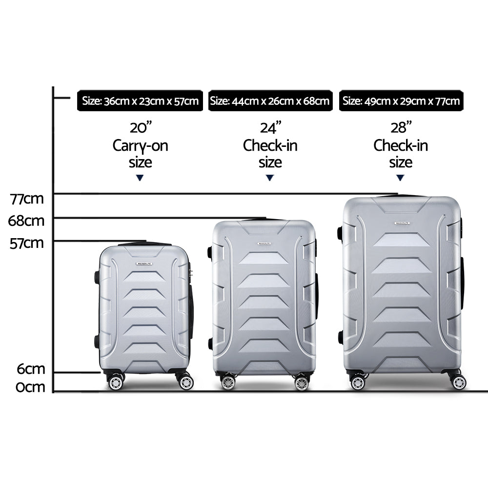 Wanderlite 3PCS Carry On Luggage Sets Suitcase TSA Travel Hard Case Lightweight Silver