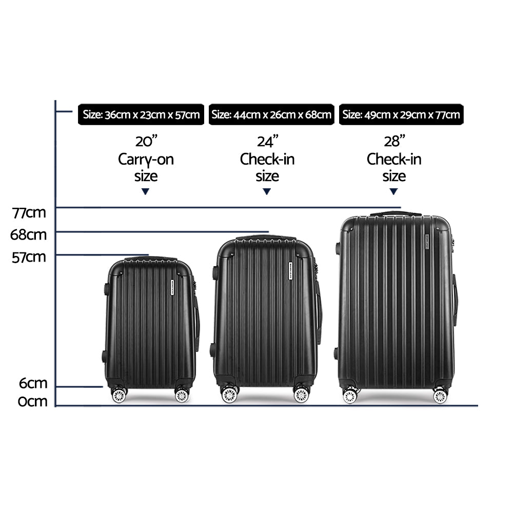 Wanderlite 3 Piece Lightweight Hard Suit Case Luggage Black