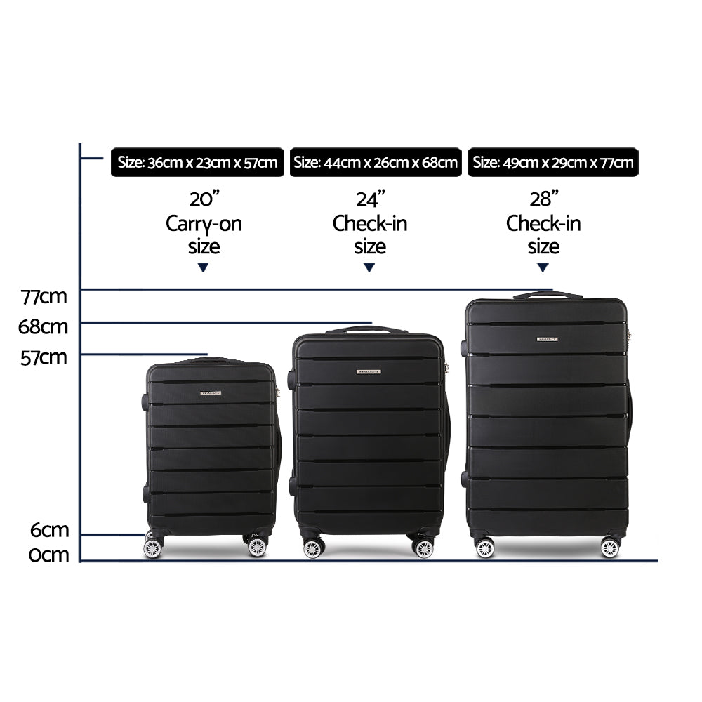 Wanderlite 3PC Luggage Suitcase Trolley - Black