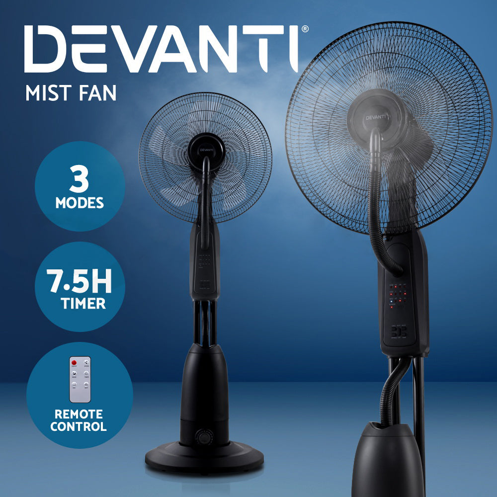 Devanti Mist Fan Pedestal Fans Cool Water Spray Timer Remote 5 Blades Black