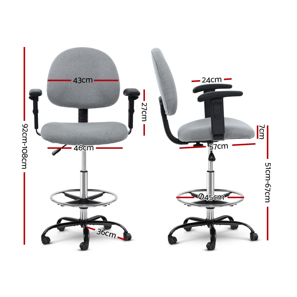Artiss Office Chair Veer Drafting Stool Fabric Chairs Adjustable Armrest Grey
