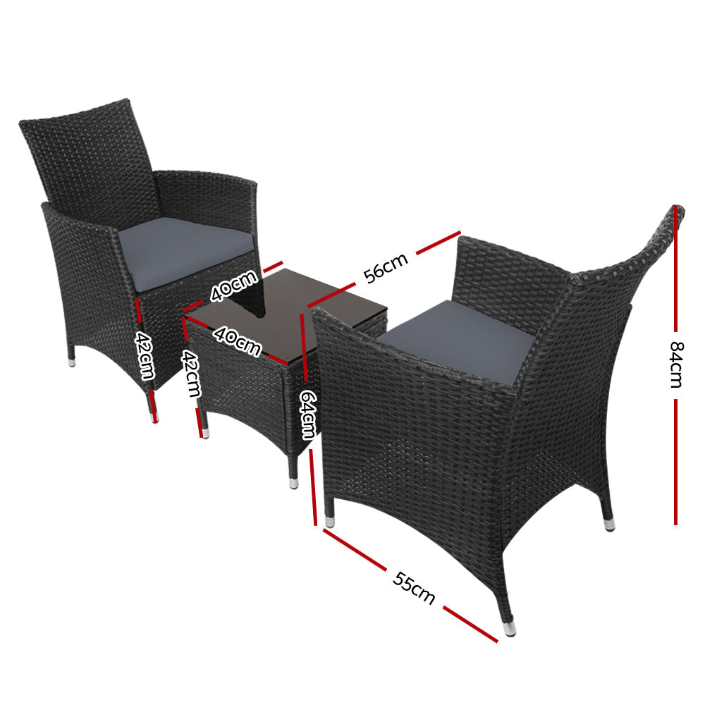 Gardeon 3pc Rattan Bistro Wicker Outdoor Furniture Set Black