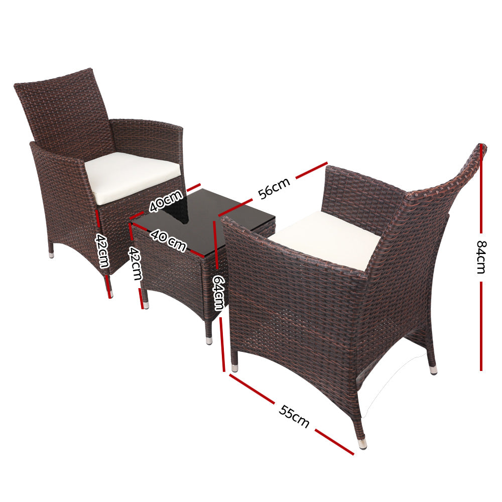 Gardeon 3pc Rattan Bistro Wicker Outdoor Furniture Set Brown