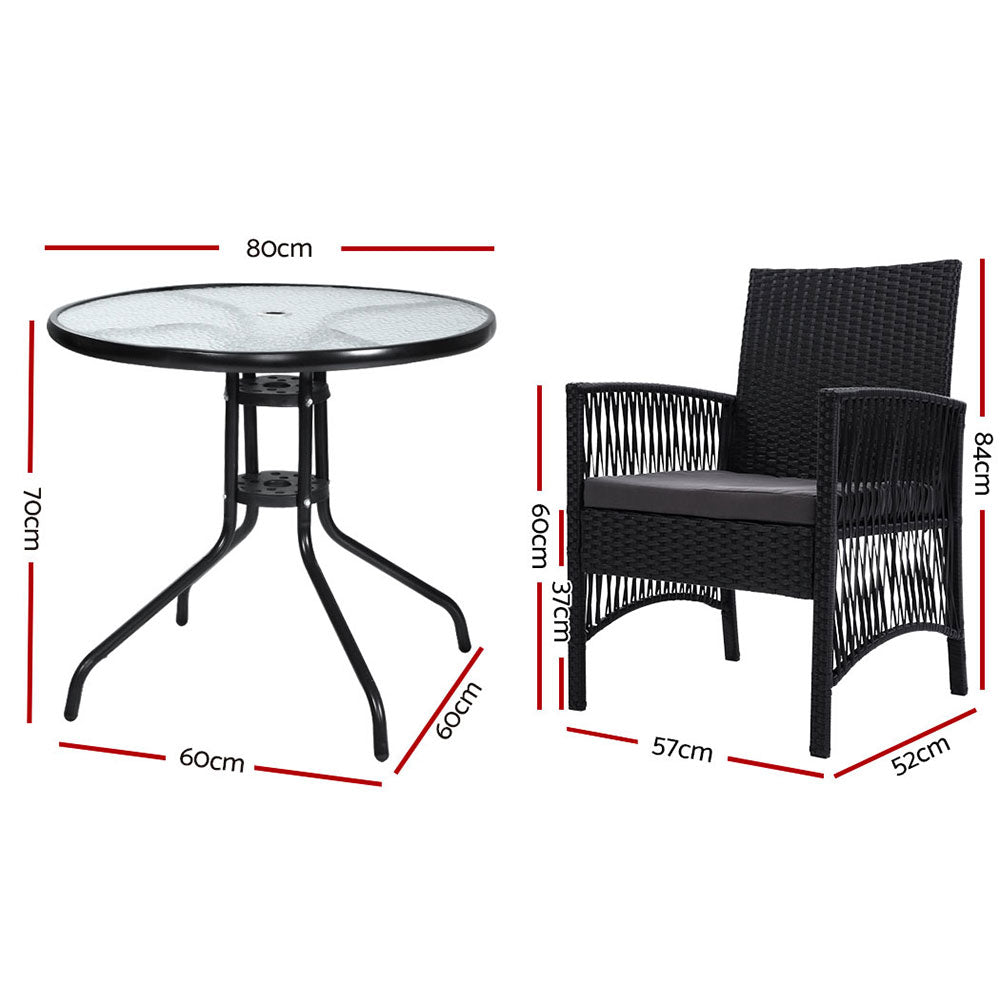 Gardeon Outdoor Furniture Dining Chairs Rattan Garden Patio Cushion Black 3PCS Tea Coffee Cafe Bar Set