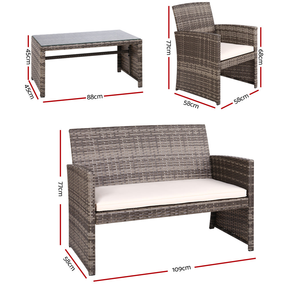 Gardeon Set of 4 Outdoor Rattan Chairs & Table - Grey
